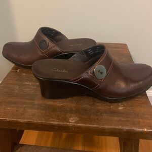 Clarks brown leather classic mules, size 6